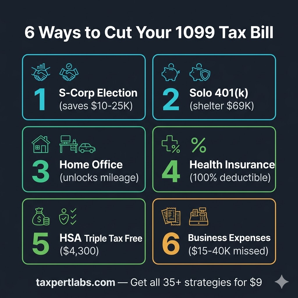 6 ways to cut your 1099 tax bill infographic: S-Corp election saves $10-25K, Solo 401(k) shelters $69K, home office unlocks mileage, health insurance 100% deductible, HSA triple tax free, business expenses $15-40K missed