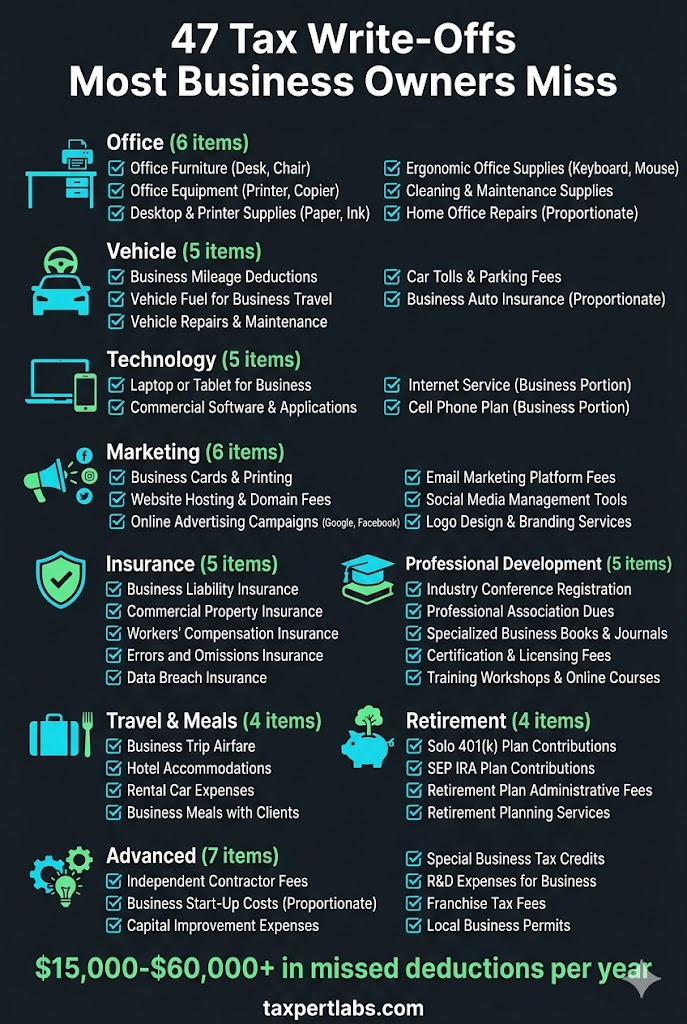 47 tax write-offs most business owners miss infographic covering office, vehicle, technology, marketing, insurance, professional development, travel, meals, retirement, and advanced strategies
