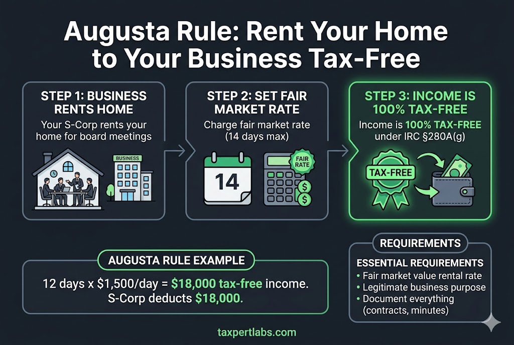 Augusta Rule infographic explaining how to rent your home to your business for up to 14 days tax-free under IRC section 280A(g) with example showing $18,000 in tax-free income
