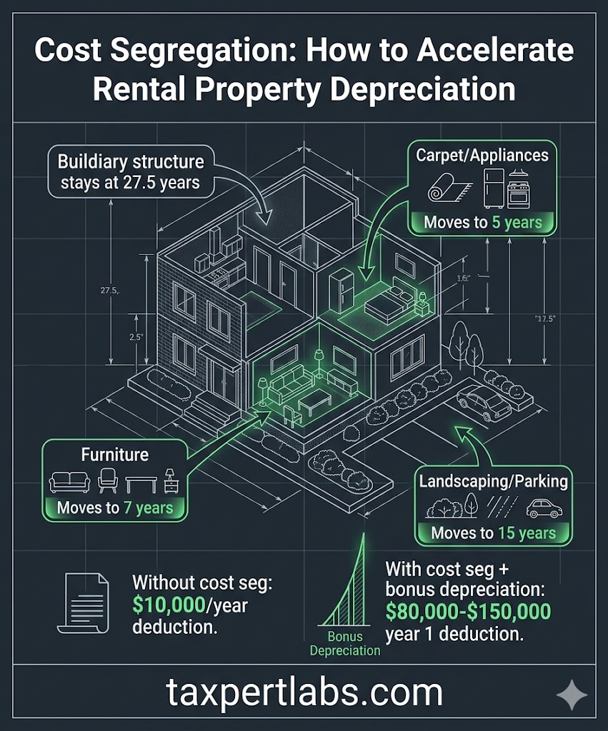 Cost segregation infographic showing how building components are reclassified from 27.5 year to 5, 7, and 15 year depreciation lives, with example showing $80,000-$150,000 first year deduction on $500,000 property