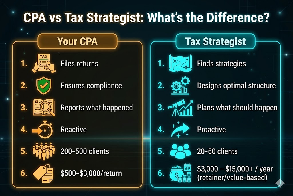 CPA vs tax strategist comparison infographic showing differences in role, timing, client volume, revenue model, risk tolerance, and proactive outreach