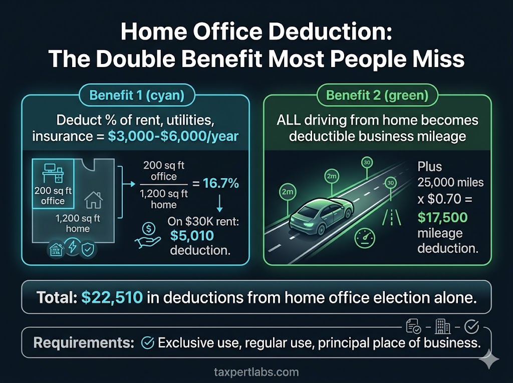 Home office deduction infographic showing the double benefit: deduct percentage of rent and utilities plus unlock all business mileage from home, with example saving $22,510