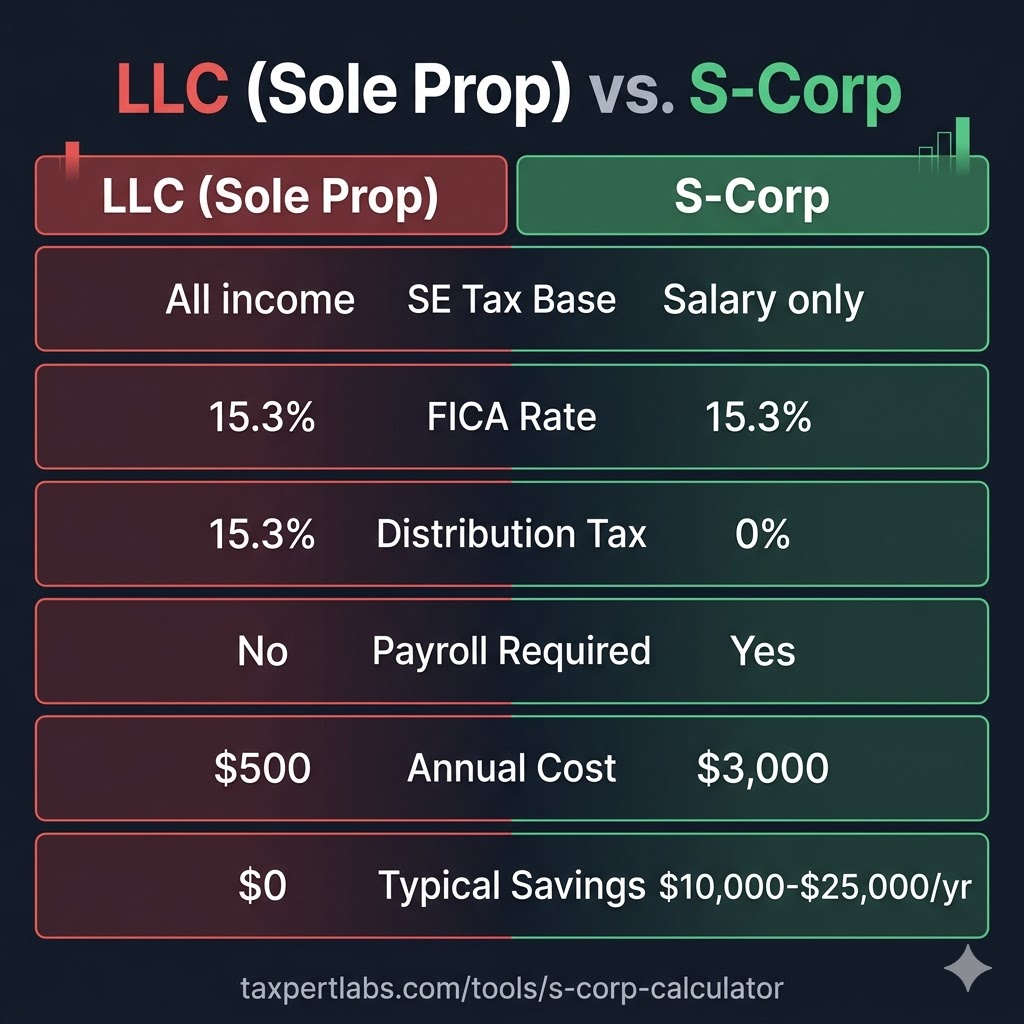 LLC vs S-Corp comparison infographic showing side-by-side tax differences: SE tax base, FICA rates, distribution taxation, payroll requirements, and typical annual savings of $10,000-$25,000 with S-Corp