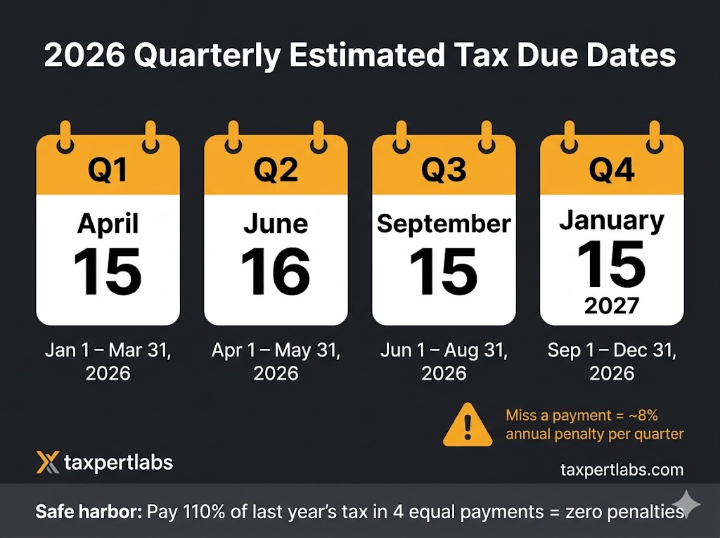 2026 quarterly estimated tax due dates infographic: Q1 April 15, Q2 June 16, Q3 September 15, Q4 January 15 2027, with safe harbor rule explanation and penalty rates