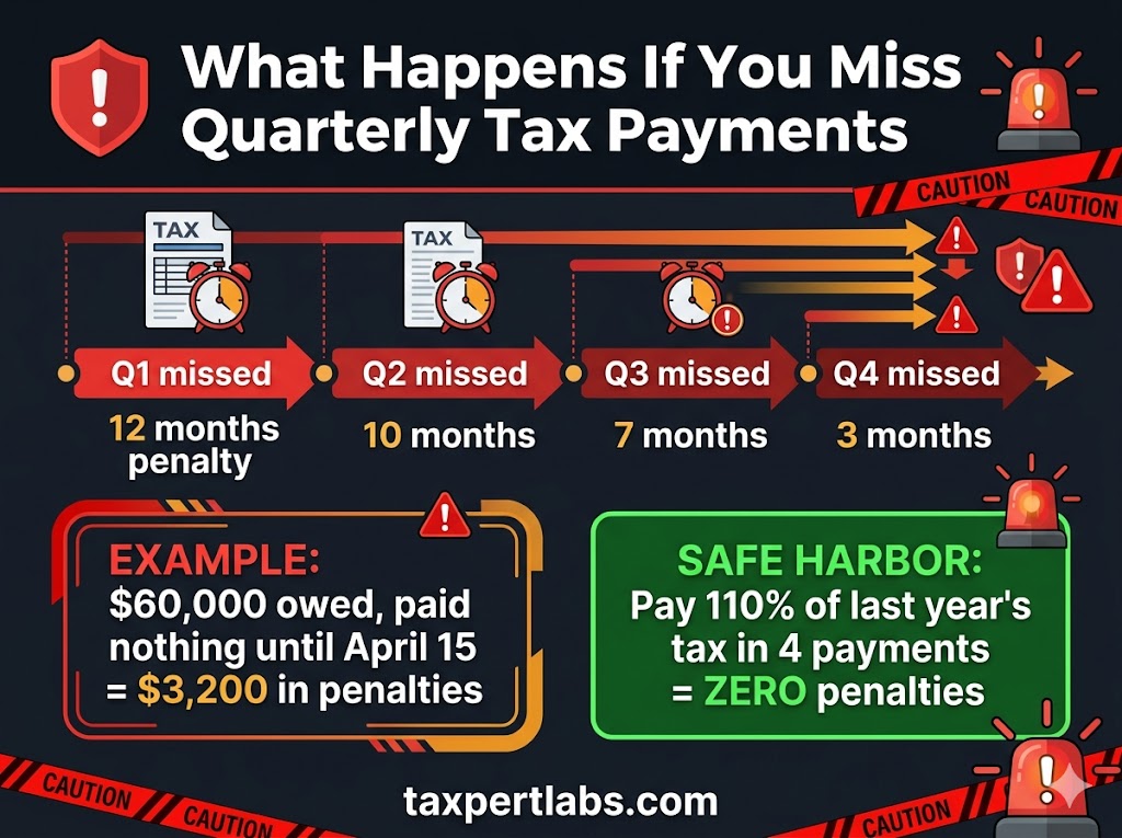 What happens if you miss quarterly tax payments infographic showing penalty timeline by quarter and $3,200 example penalty on $60,000 owed