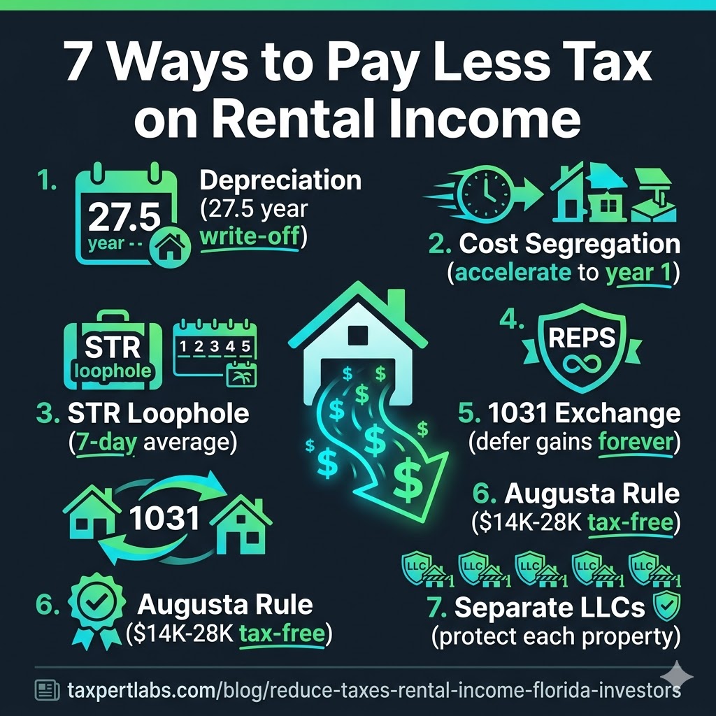 7 strategies to reduce taxes on rental income in Florida infographic: depreciation, cost segregation, STR loophole, REPS status, 1031 exchange, Augusta Rule, and separate LLCs