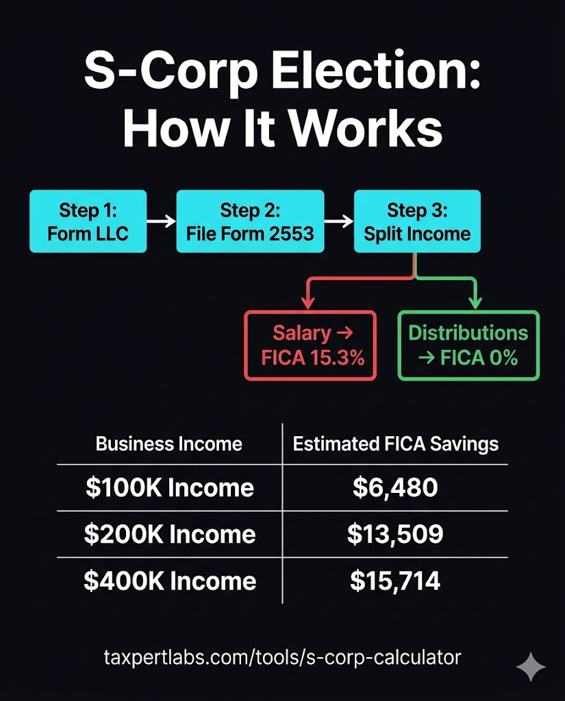 S-Corp election infographic showing how income splits into salary subject to FICA and distributions that are FICA-free, with savings at $100K, $200K, and $400K income levels