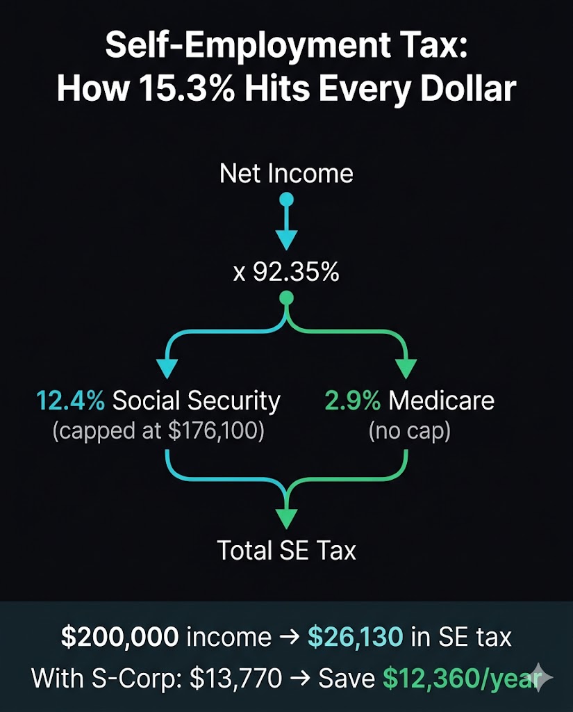 Self-employment tax breakdown infographic showing how the 15.3% SE tax rate is calculated: 12.4% Social Security on first $176,100 plus 2.9% Medicare on all net earnings, with example at $200,000 income