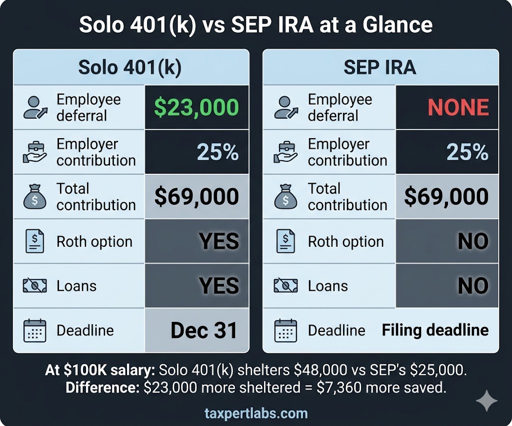 Solo 401(k) vs SEP IRA comparison infographic showing contribution limits, employee deferral advantage, Roth option, loan provision, and establishment deadlines for self-employed retirement plans 2025