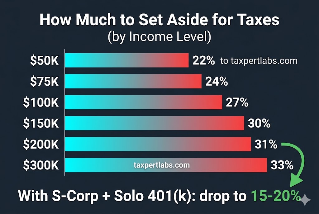 How much to set aside for taxes as a freelancer chart showing effective tax rates by income level: $50K at 22%, $75K at 24%, $100K at 27%, $150K at 30%, $200K at 31%, $300K at 33%, with S-Corp reduction to 15-20%