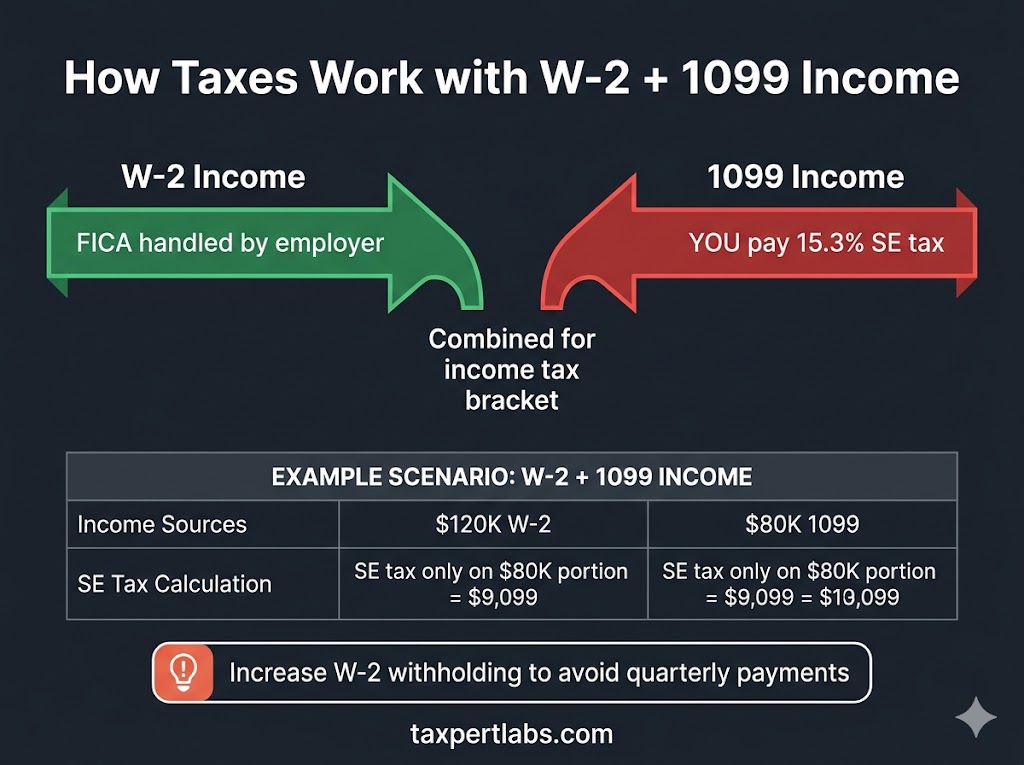 How taxes work with W-2 and 1099 mixed income infographic showing FICA handled by employer on W-2 portion and 15.3% SE tax on 1099 portion only